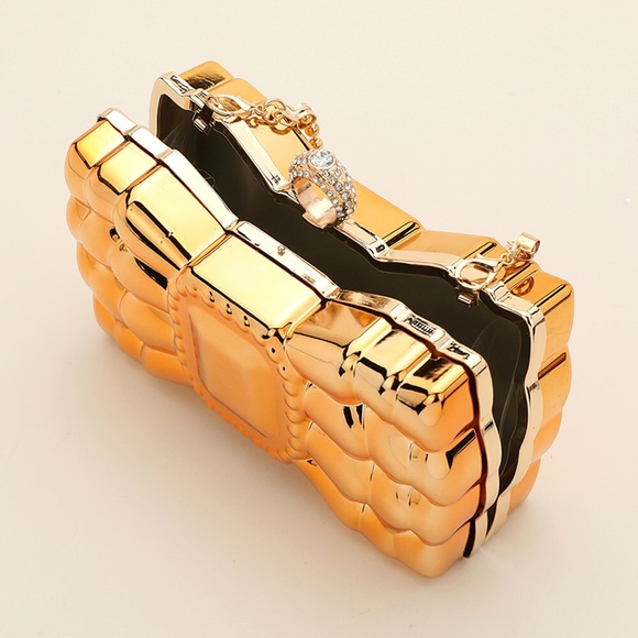 Metallic Gold or Silver Rhinestone Bow Clutch Bag